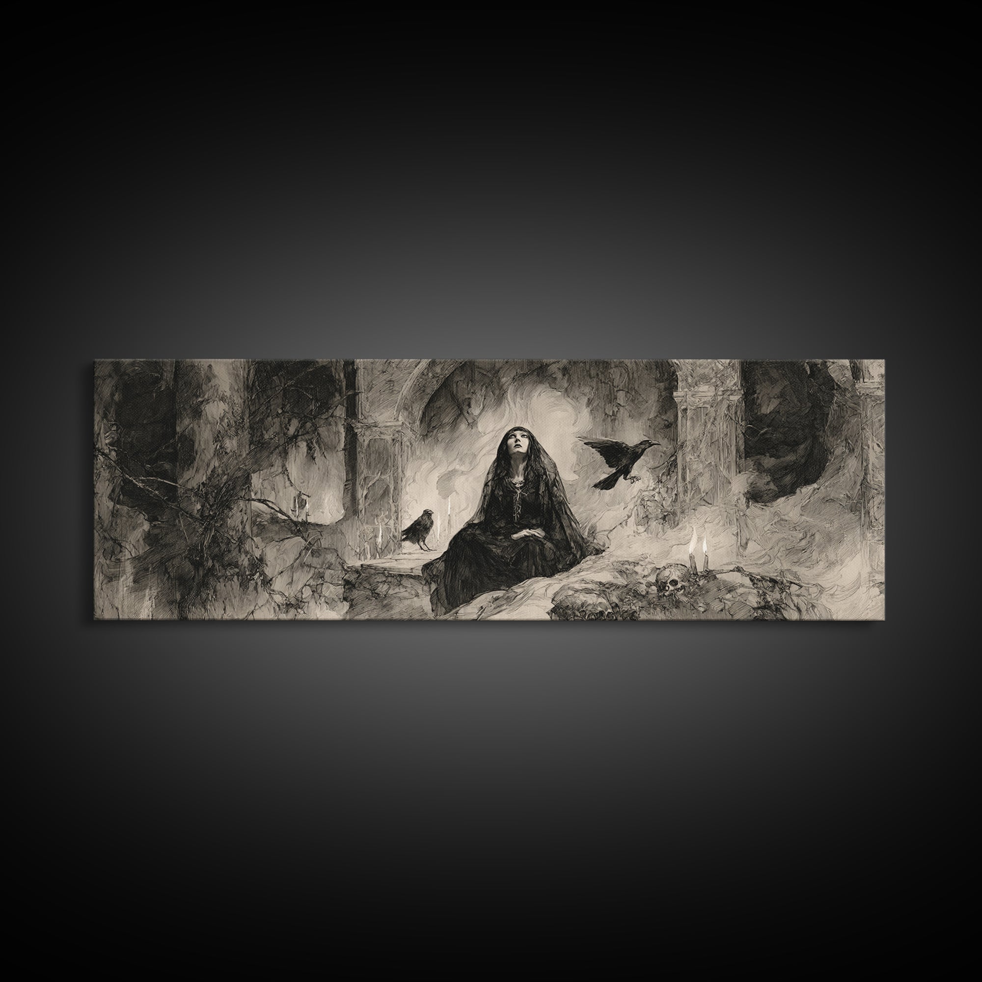 The Ash-Covered Oracle, Decadent Gothic Art, Extra Wide Wall Art, Macabre Wall Art, Canvas Print, Halloween Wall Art