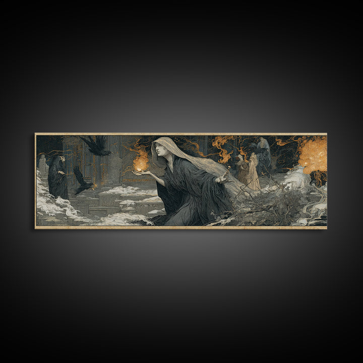 The Ash-Covered Oracle, Symbolist Death Art, Extra Wide Wall Art, Gothic Horror Wall Art, Canvas Print, Halloween Wall Art