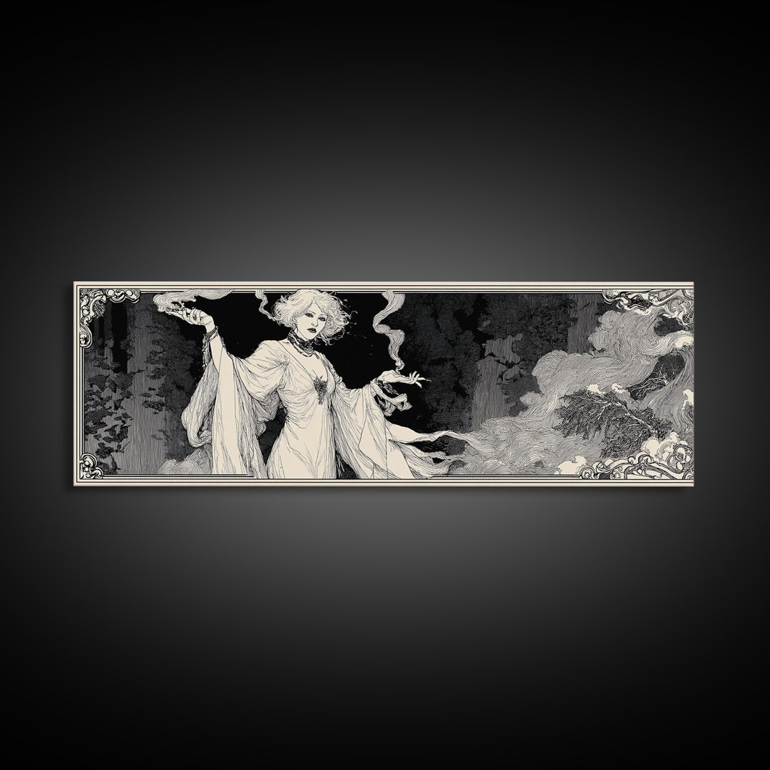 The Ash-Covered Oracle, Decadent Line Art, Extra Wide Wall Art, Gothic Horror Wall Art, Framed Canvas Print, Halloween Wall Art