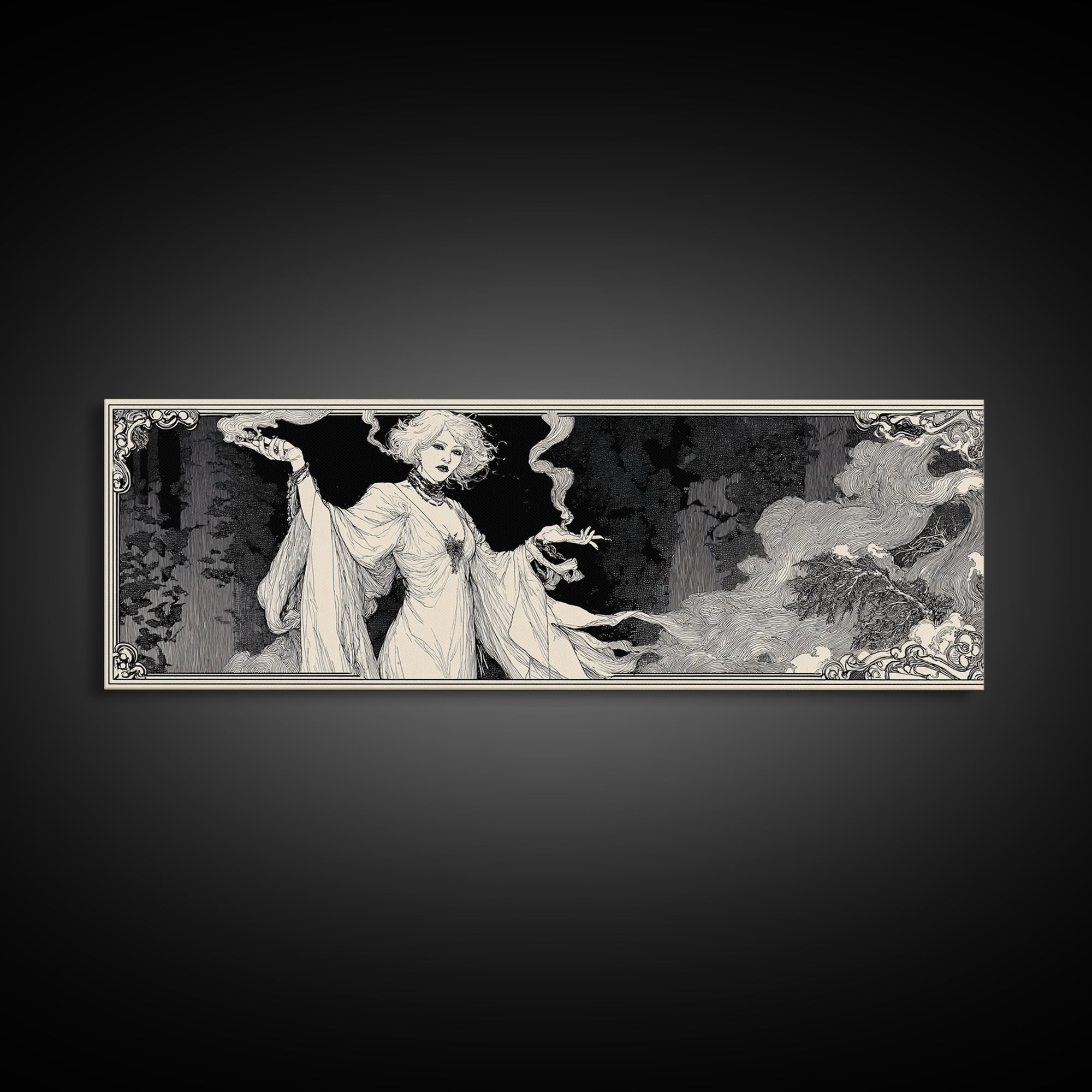 The Ash-Covered Oracle, Decadent Line Art, Extra Wide Wall Art, Gothic Horror Wall Art, Framed Canvas Print, Halloween Wall Art