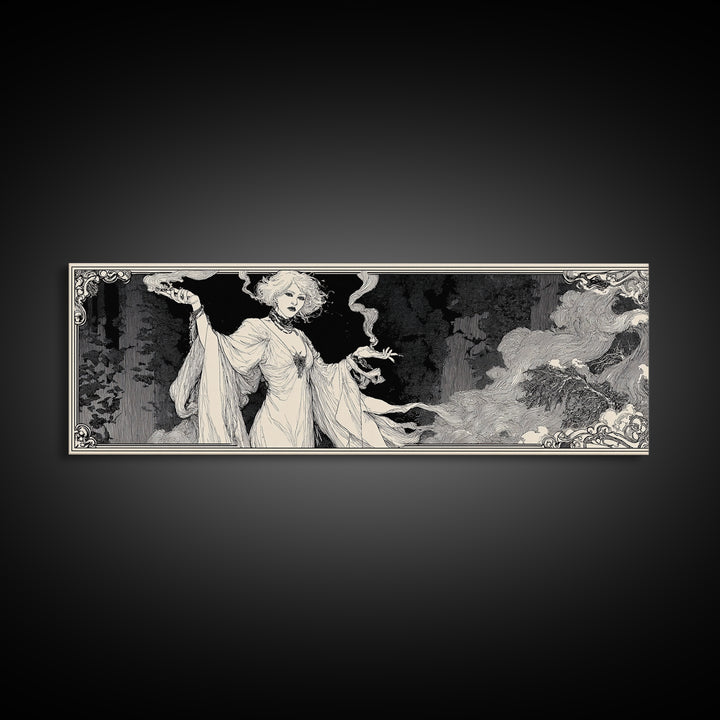 The Ash-Covered Oracle, Decadent Line Art, Extra Wide Wall Art, Gothic Horror Wall Art, Framed Canvas Print, Halloween Wall Art