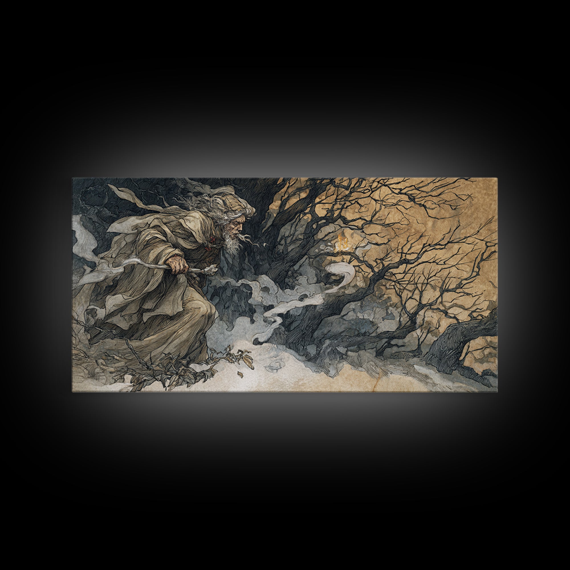 The Ash-Covered Oracle, Gothic Storybook Art, Wide Panoramic Art, Gothic Horror Wall Art, Framed Canvas Print, Halloween Wall Art