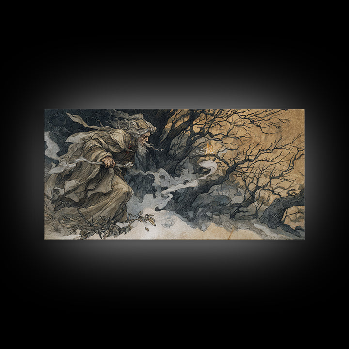 The Ash-Covered Oracle, Gothic Storybook Art, Wide Panoramic Art, Gothic Horror Wall Art, Framed Canvas Print, Halloween Wall Art