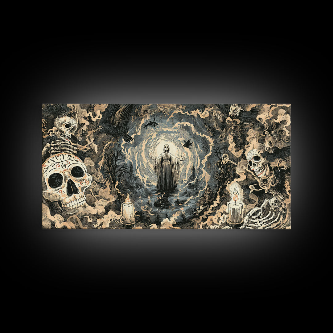 The Ash-Covered Oracle, Macabre Folk Print Art, Wide Panoramic Art, Gothic Horror Wall Art, Canvas Print, Halloween Wall Art