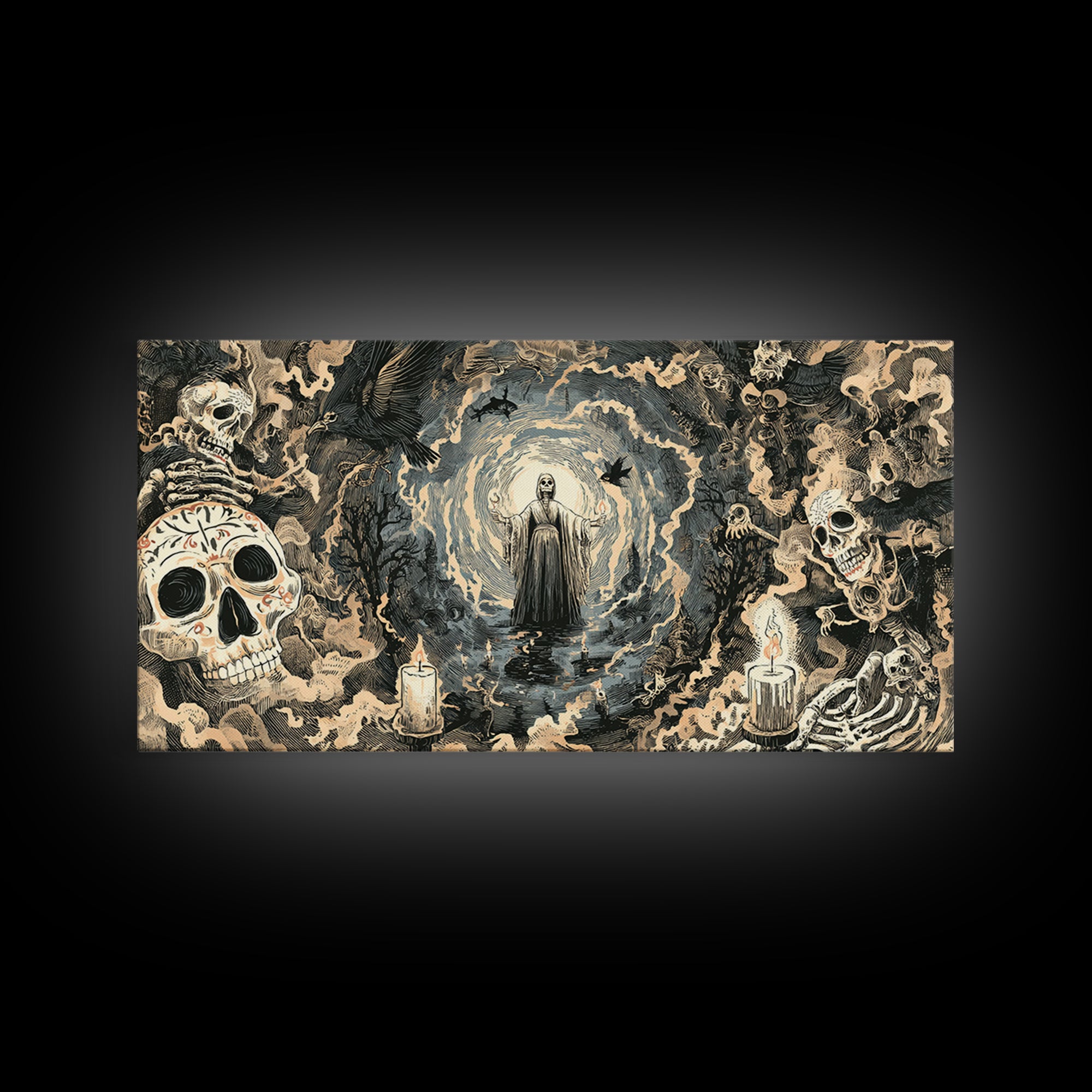 The Ash-Covered Oracle, Macabre Folk Print Art, Wide Panoramic Art, Gothic Horror Wall Art, Canvas Print, Halloween Wall Art