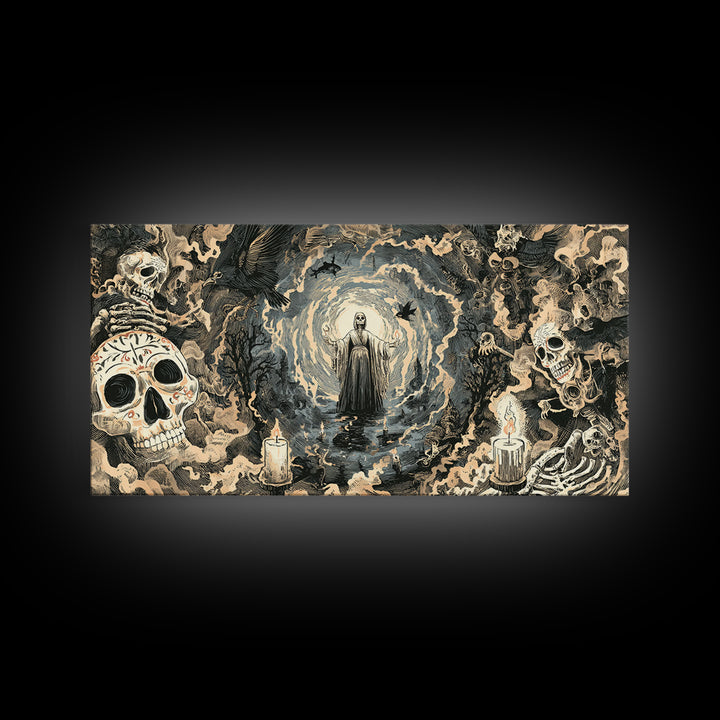 The Ash-Covered Oracle, Macabre Folk Print Art, Wide Panoramic Art, Gothic Horror Wall Art, Canvas Print, Halloween Wall Art