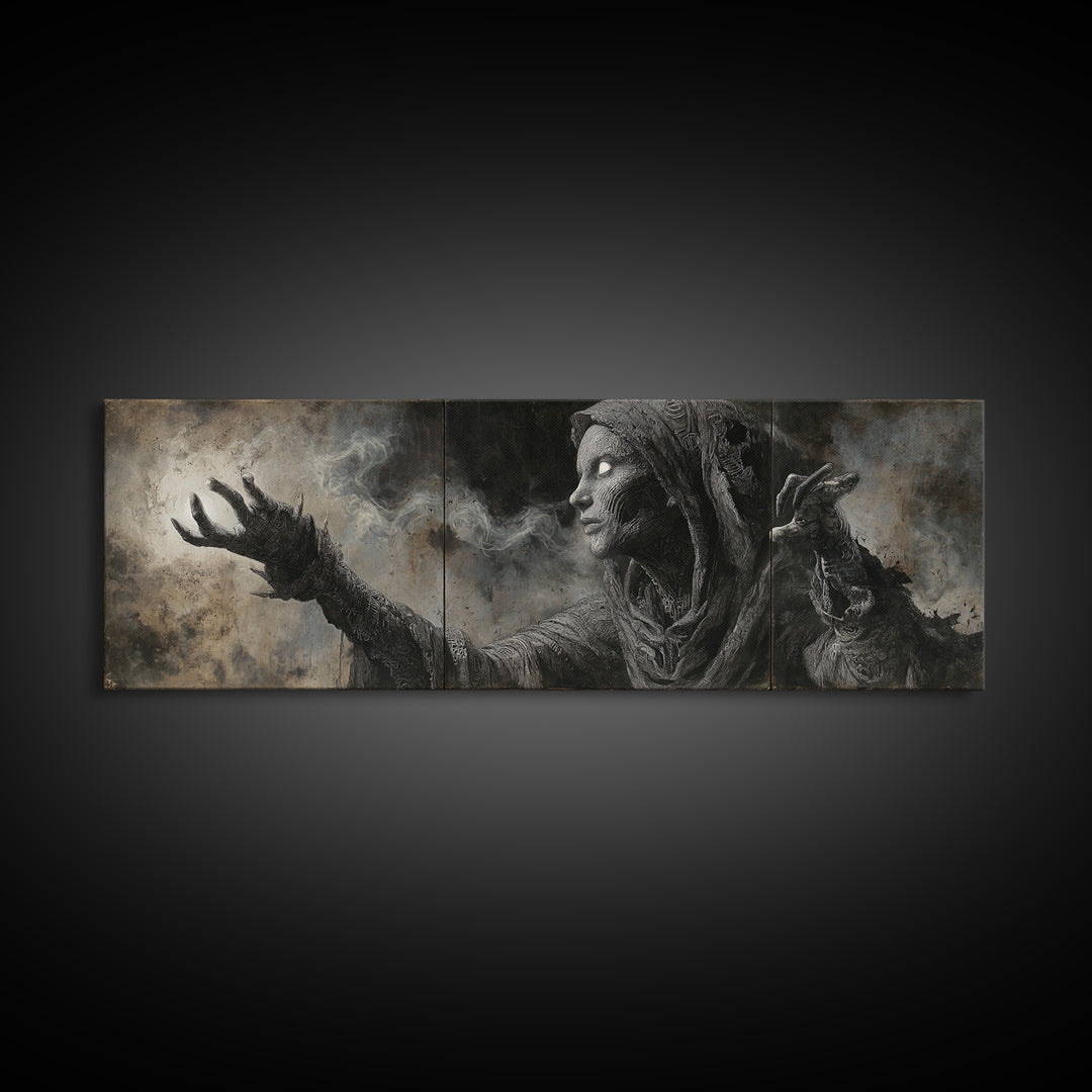 The Ash-Covered Oracle, Biomechanical Horror Art, Extra Wide Wall Art, Macabre Wall Art, Framed Canvas Print, Halloween Wall Art