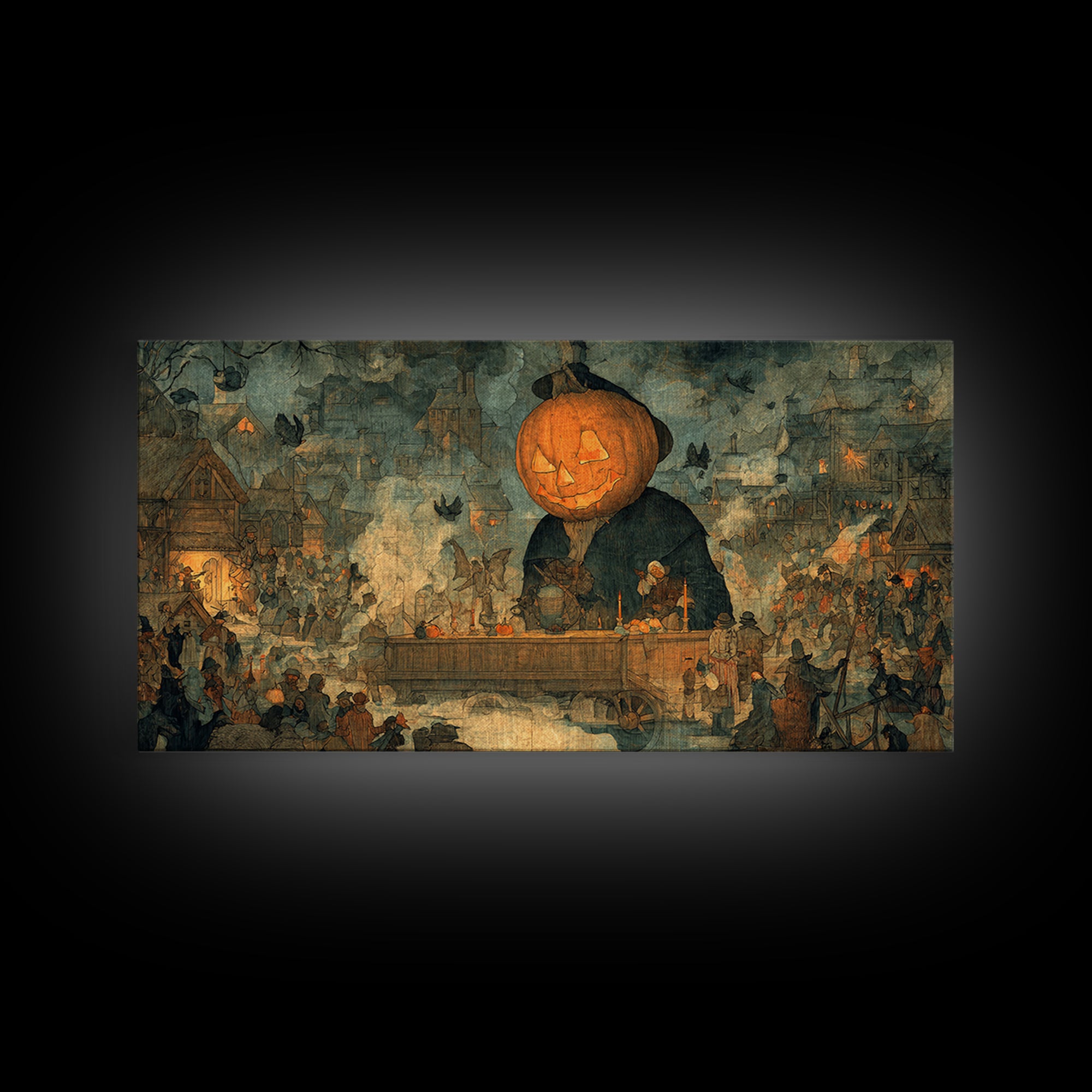 The Pumpkin-Headed Tea Merchant, Northern Renaissance Horror, Wide Panoramic Art, Gothic Horror Wall Art, Canvas Print