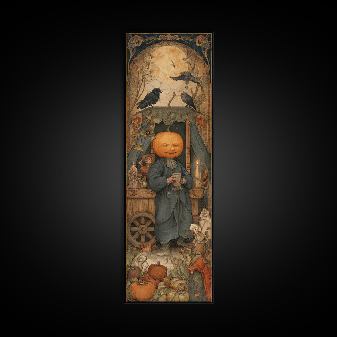 The Pumpkin-Headed Tea Merchant, Dark Renaissance Art, Tall Narrow Wall Art, Dark Fantasy Wall Art, Canvas Print