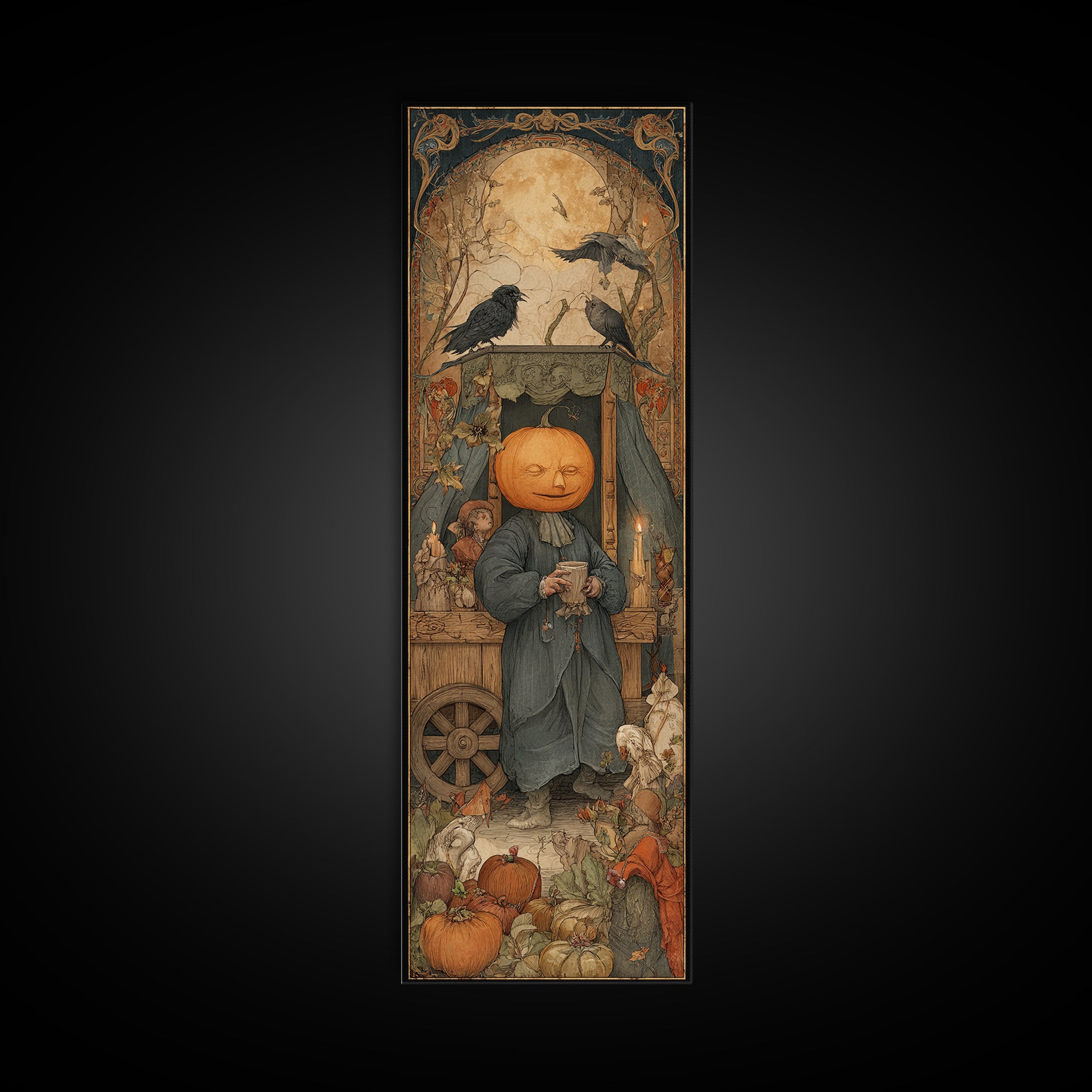 The Pumpkin-Headed Tea Merchant, Dark Renaissance Art, Tall Narrow Wall Art, Dark Fantasy Wall Art, Canvas Print
