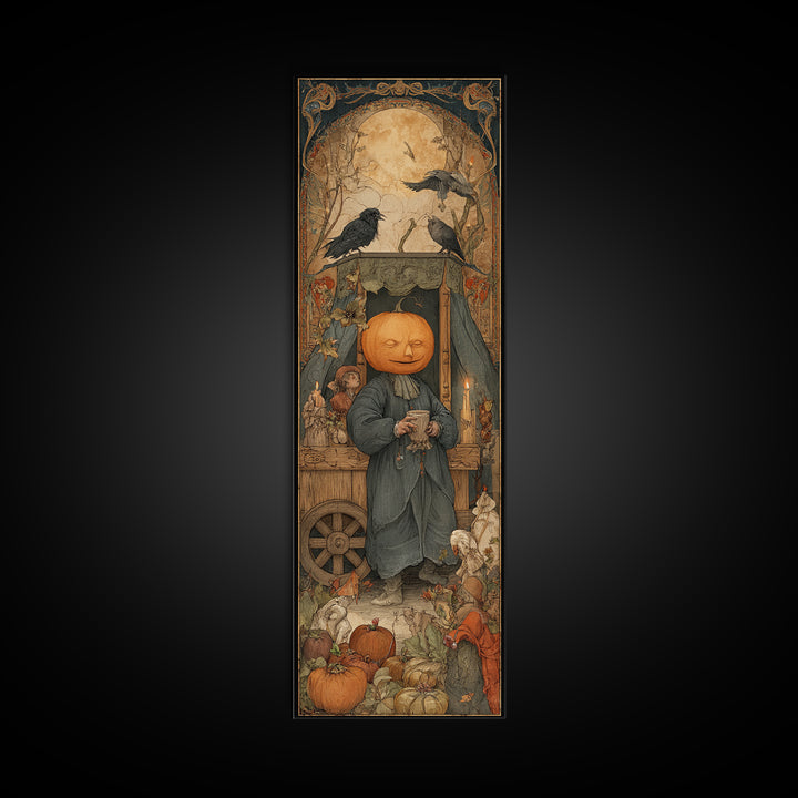 The Pumpkin-Headed Tea Merchant, Dark Renaissance Art, Tall Narrow Wall Art, Dark Fantasy Wall Art, Canvas Print