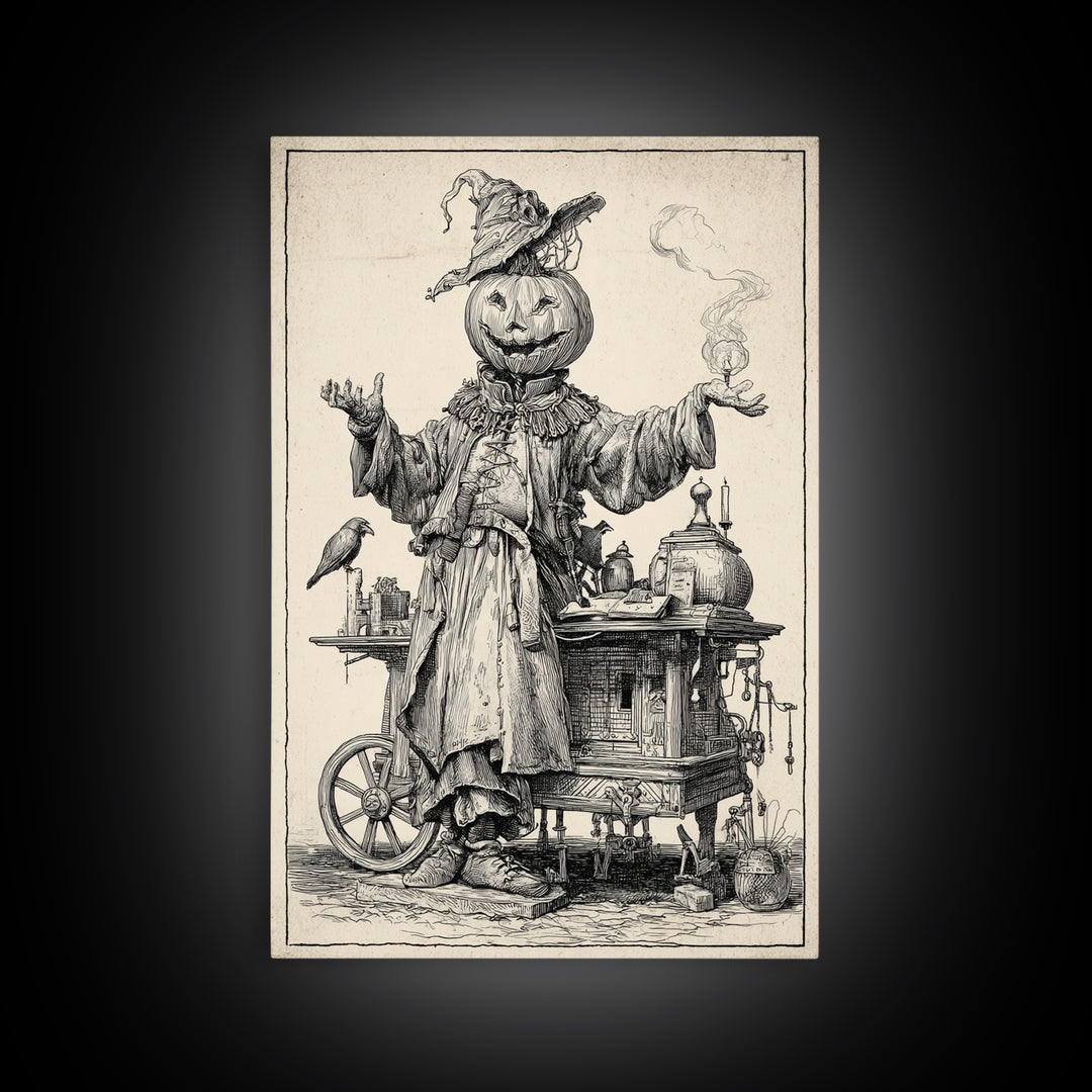 The Pumpkin-Headed Tea Merchant, Renaissance Engraving Art, Vertical Wall Art, Macabre Wall Art, Canvas Print, Halloween Wall Art