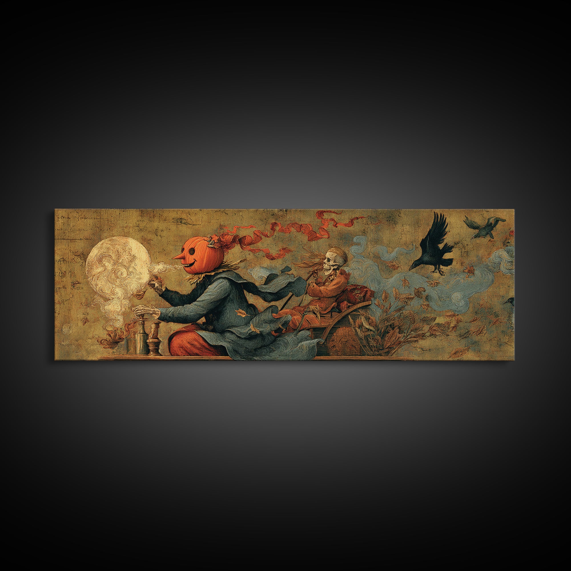 The Pumpkin-Headed Tea Merchant, Danse Macabre Art, Extra Wide Wall Art, Dark Fantasy Wall Art, Canvas Print