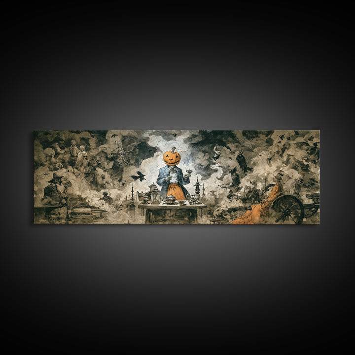 The Pumpkin-Headed Tea Merchant, Dark Romantic Horror Art, Extra Wide Wall Art, Gothic Horror Wall Art, Canvas Print, Halloween Wall Art