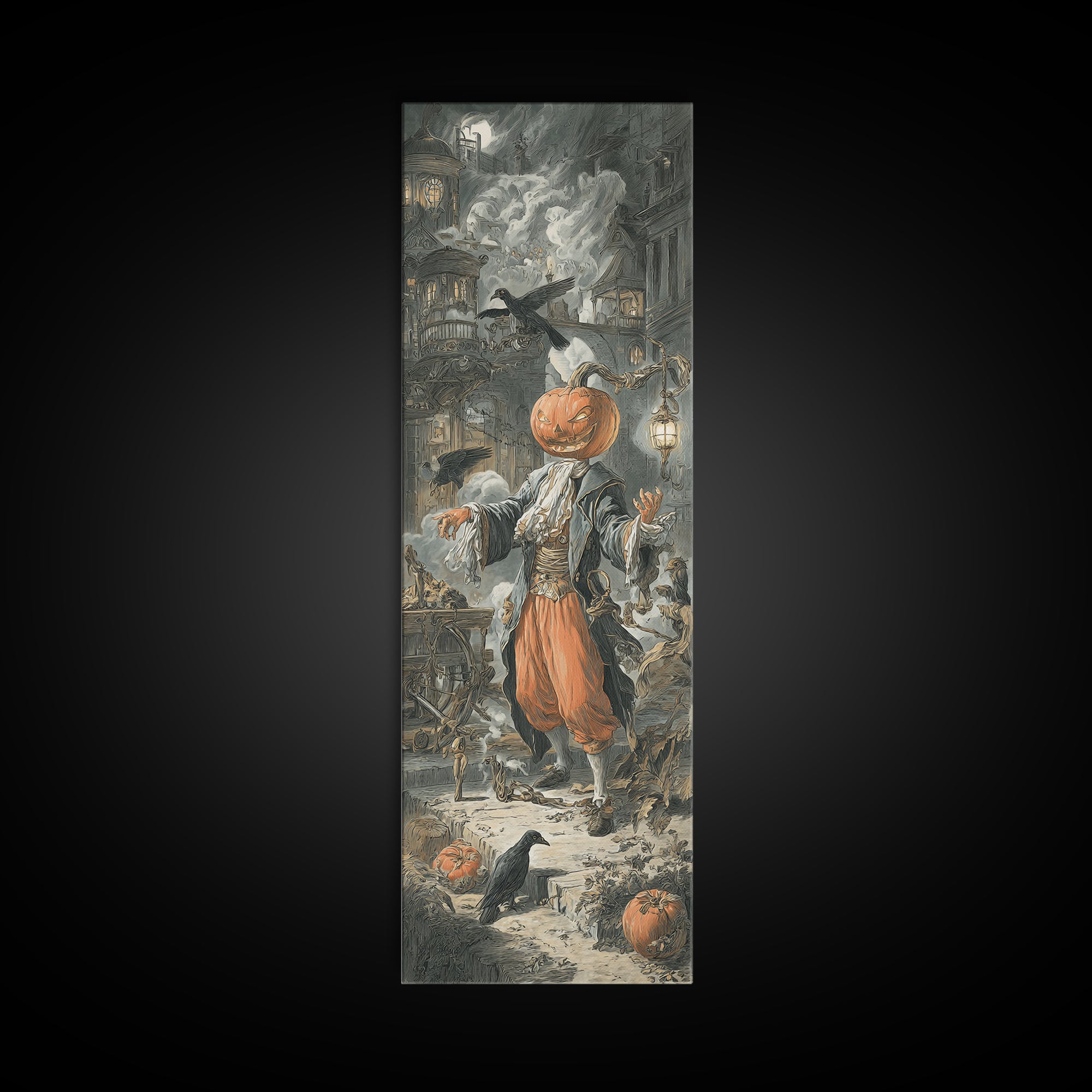 The Pumpkin-Headed Tea Merchant, Architectural Etching Art, Tall Narrow Wall Art, Dark Halloween Decor, Framed Canvas Print