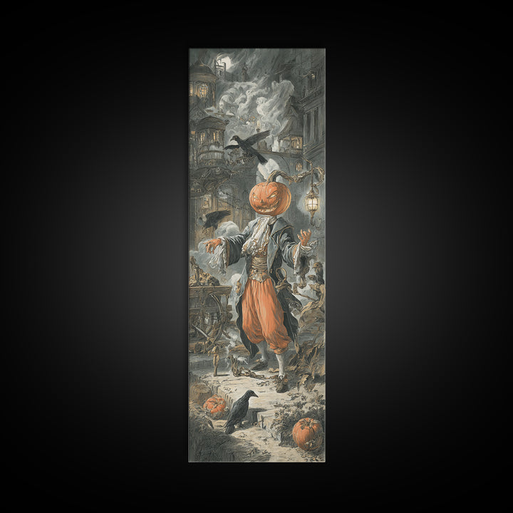 The Pumpkin-Headed Tea Merchant, Architectural Etching Art, Tall Narrow Wall Art, Dark Halloween Decor, Framed Canvas Print