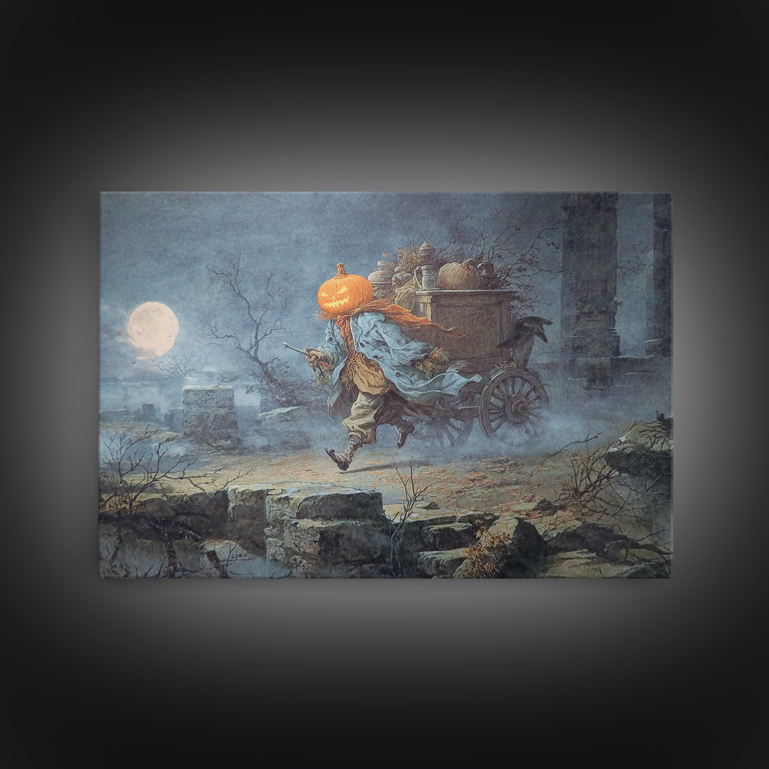 The Pumpkin-Headed Tea Merchant, Romantic Gothic Landscape, Landscape Wall Art, Dark Halloween Decor, Framed Canvas Print