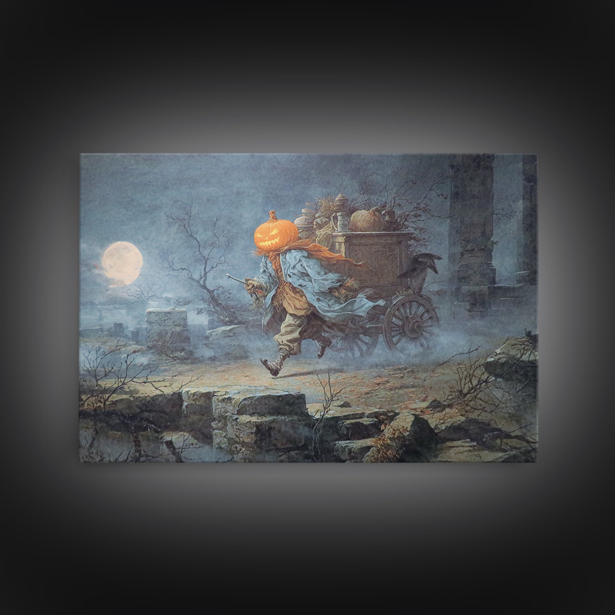 The Pumpkin-Headed Tea Merchant, Romantic Gothic Landscape, Landscape Wall Art, Dark Halloween Decor, Framed Canvas Print