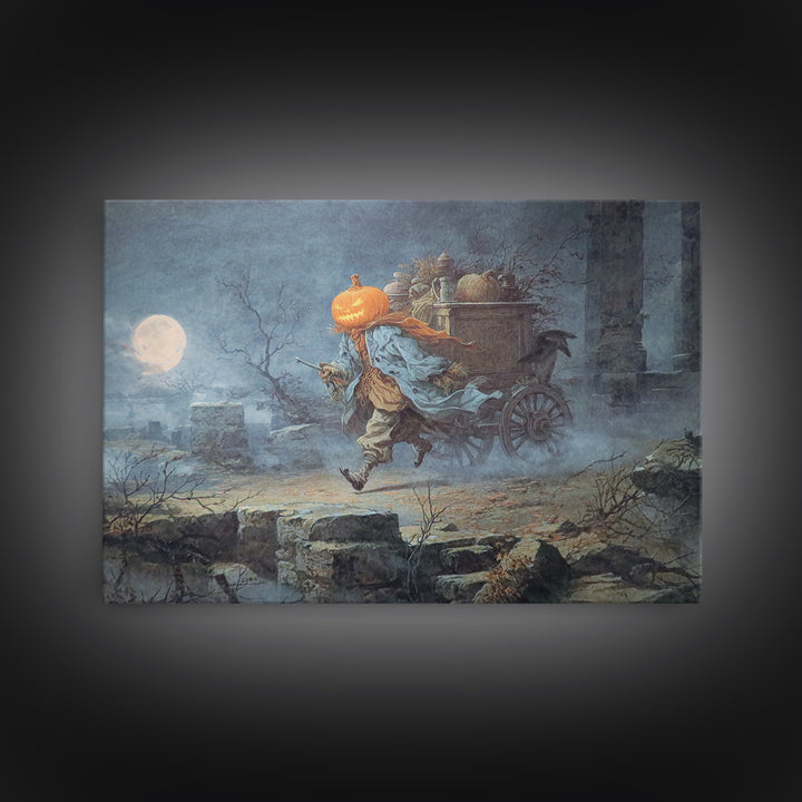 The Pumpkin-Headed Tea Merchant, Romantic Gothic Landscape, Landscape Wall Art, Dark Halloween Decor, Framed Canvas Print