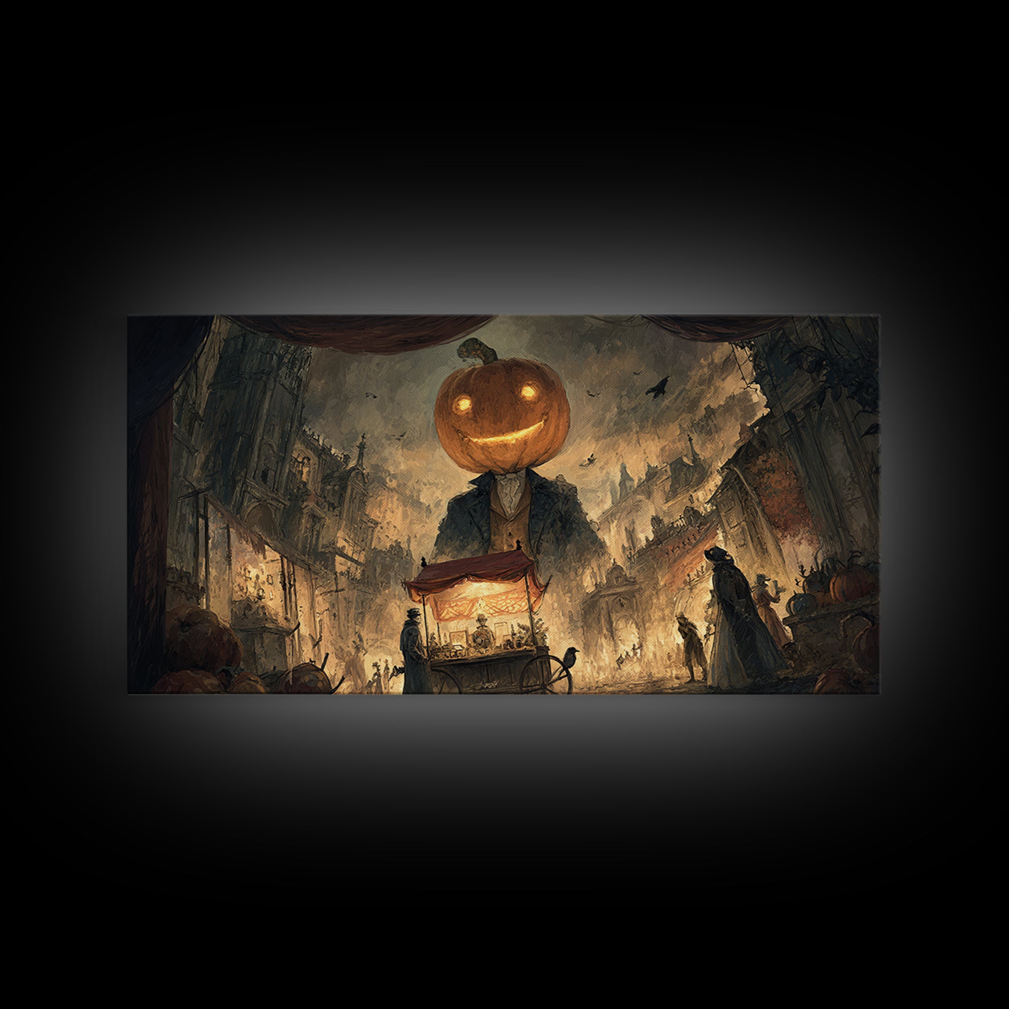 The Pumpkin-Headed Tea Merchant, Apocalyptic Romantic Art, Wide Panoramic Art, Dark Fantasy Wall Art, Framed Canvas Print, Halloween Decor