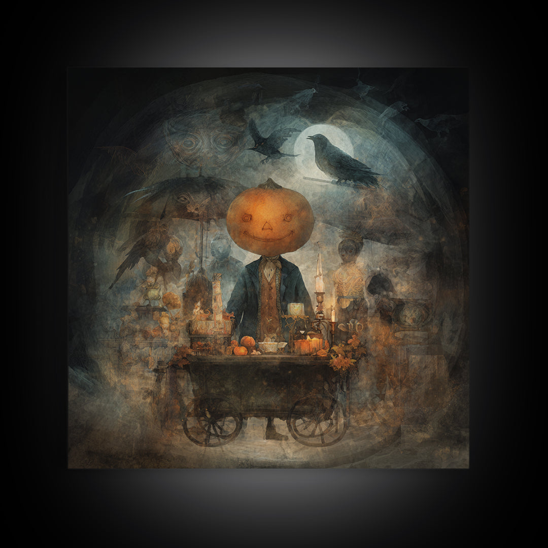 The Pumpkin-Headed Tea Merchant, Symbolist Dream Art, Square Wall Art, Dark Halloween Decor, Framed Canvas Print, Halloween Wall Art