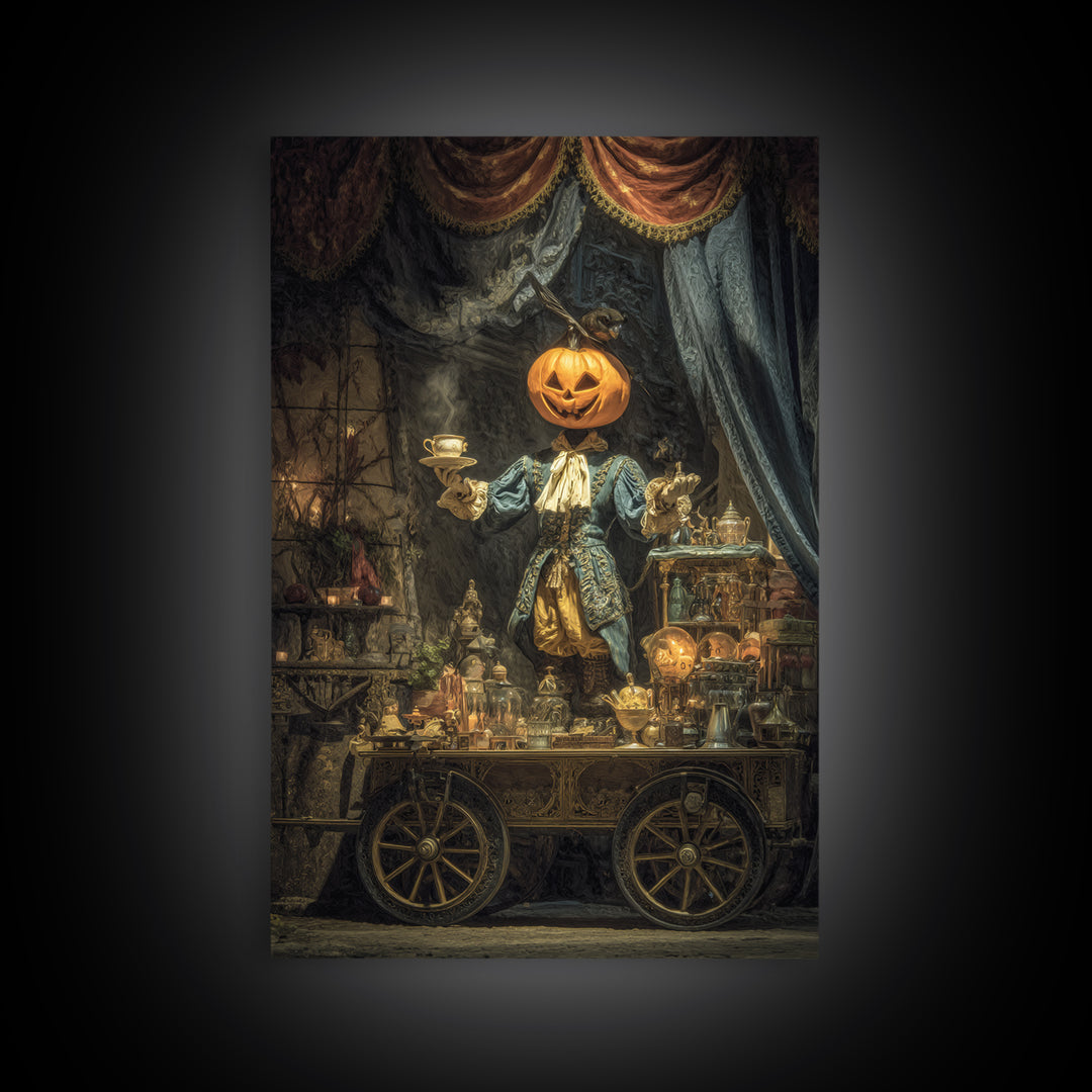 The Pumpkin-Headed Tea Merchant, Ornate Symbolist Art, Vertical Wall Art, Macabre Wall Art, Framed Canvas Print, Halloween Wall Art