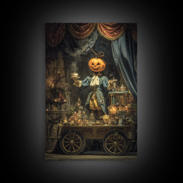 The Pumpkin-Headed Tea Merchant, Ornate Symbolist Art, Vertical Wall Art, Macabre Wall Art, Framed Canvas Print, Halloween Wall Art