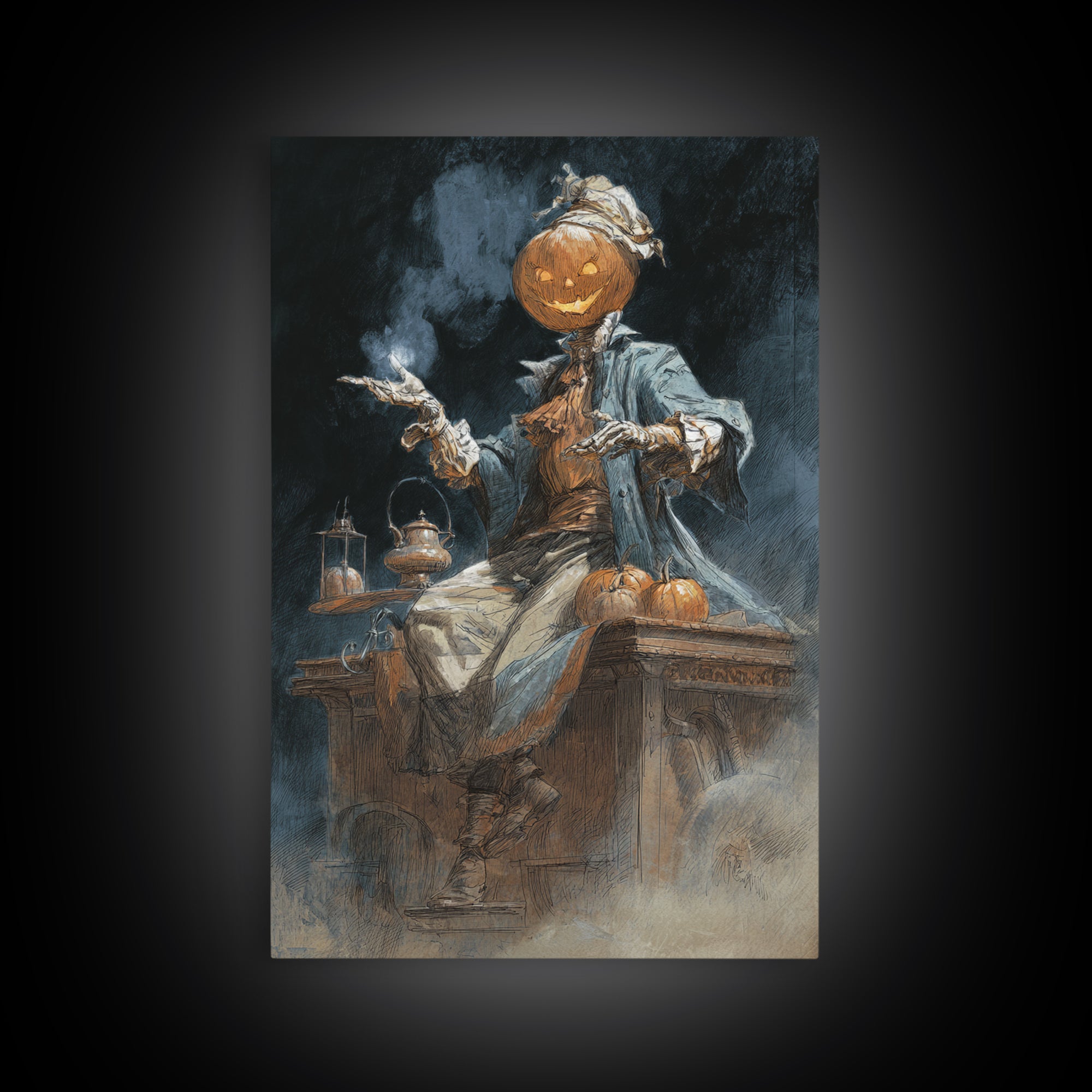 The Pumpkin-Headed Tea Merchant, Decadent Gothic Art, Vertical Wall Art, Dark Fantasy Wall Art, Canvas Print, Halloween Wall Art