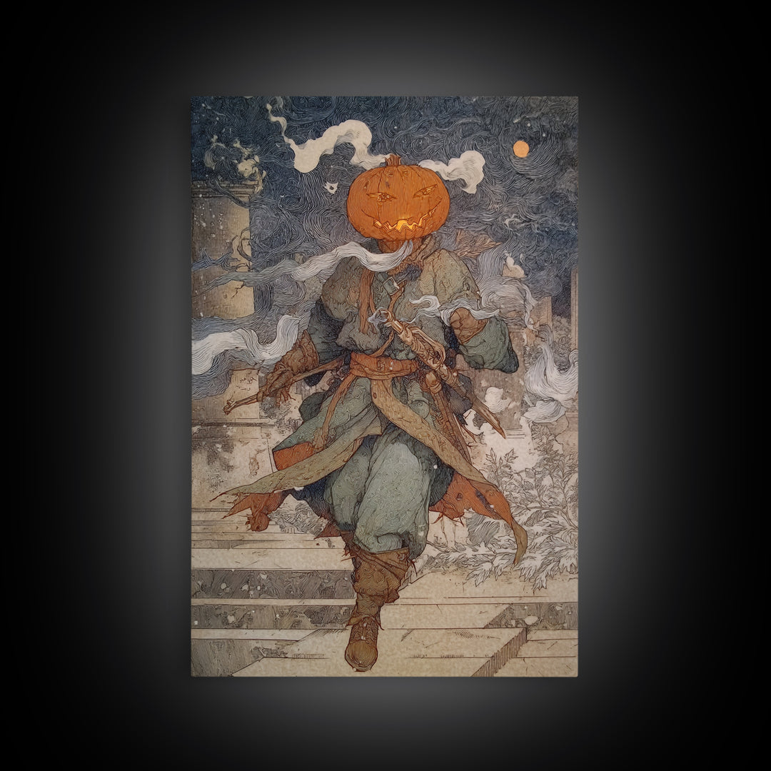 The Pumpkin-Headed Tea Merchant, Symbolist Death Art, Vertical Wall Art, Macabre Wall Art, Canvas Print, Halloween Wall Art