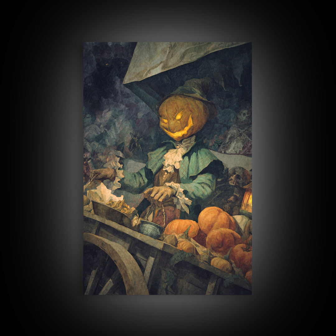 The Pumpkin-Headed Tea Merchant, Dark Symbolist Art, Vertical Wall Art, Dark Halloween Decor, Canvas Print, Halloween Wall Art