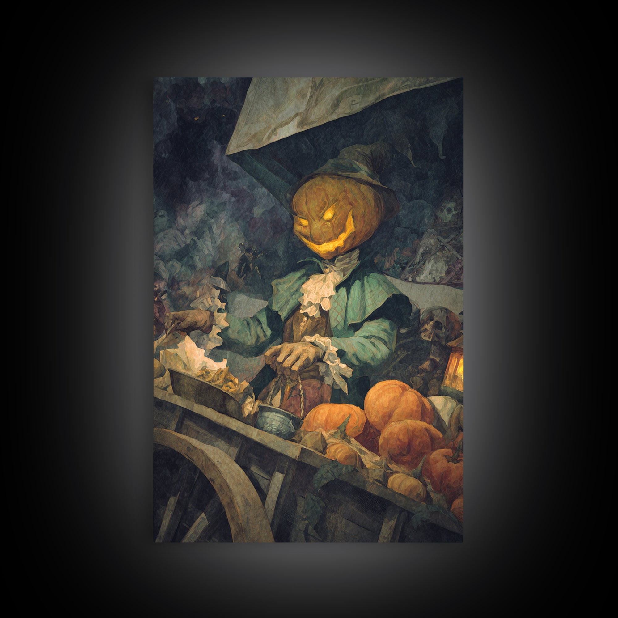 The Pumpkin-Headed Tea Merchant, Dark Symbolist Art, Vertical Wall Art, Dark Halloween Decor, Canvas Print, Halloween Wall Art