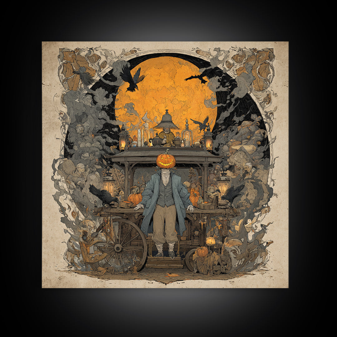 The Pumpkin-Headed Tea Merchant, Symbolist Etching Art, Square Wall Art, Macabre Wall Art, Framed Canvas Print, Halloween Wall Art