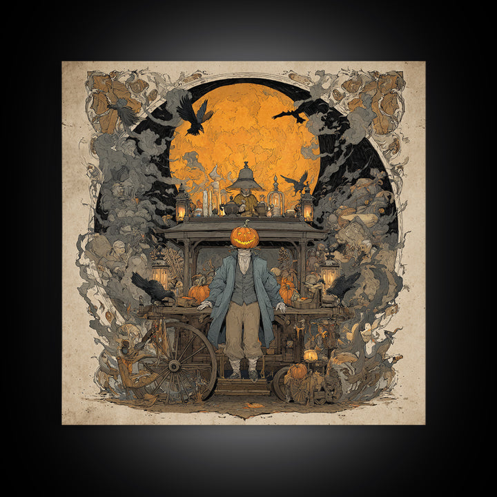 The Pumpkin-Headed Tea Merchant, Symbolist Etching Art, Square Wall Art, Macabre Wall Art, Framed Canvas Print, Halloween Wall Art