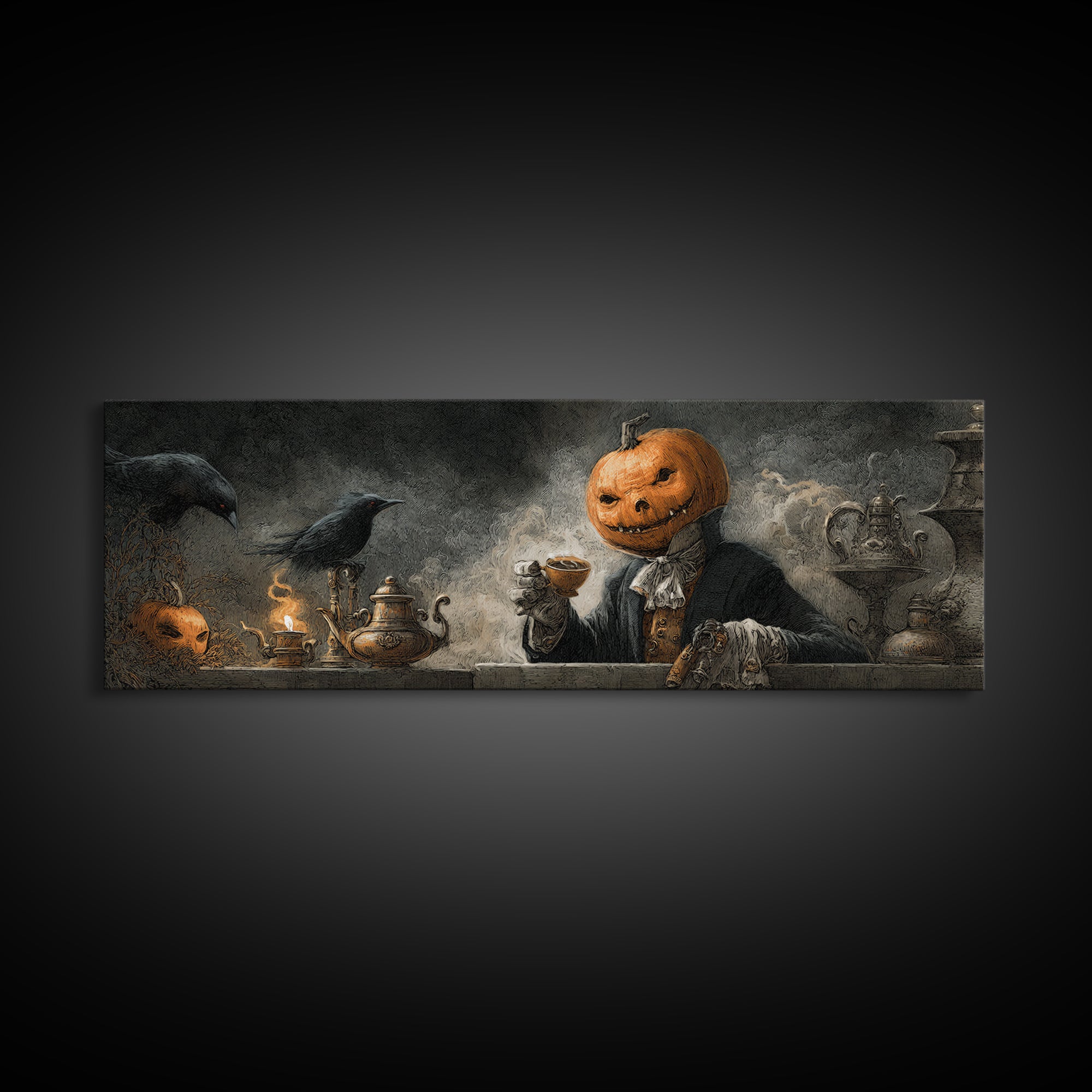 The Pumpkin-Headed Tea Merchant, Expressionist Nightmare Art, Extra Wide Wall Art, Gothic Horror Wall Art, Canvas Print, Halloween Wall Art