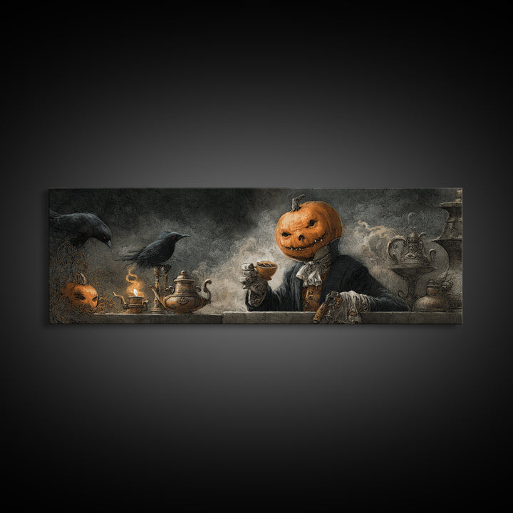 The Pumpkin-Headed Tea Merchant, Expressionist Nightmare Art, Extra Wide Wall Art, Gothic Horror Wall Art, Canvas Print, Halloween Wall Art
