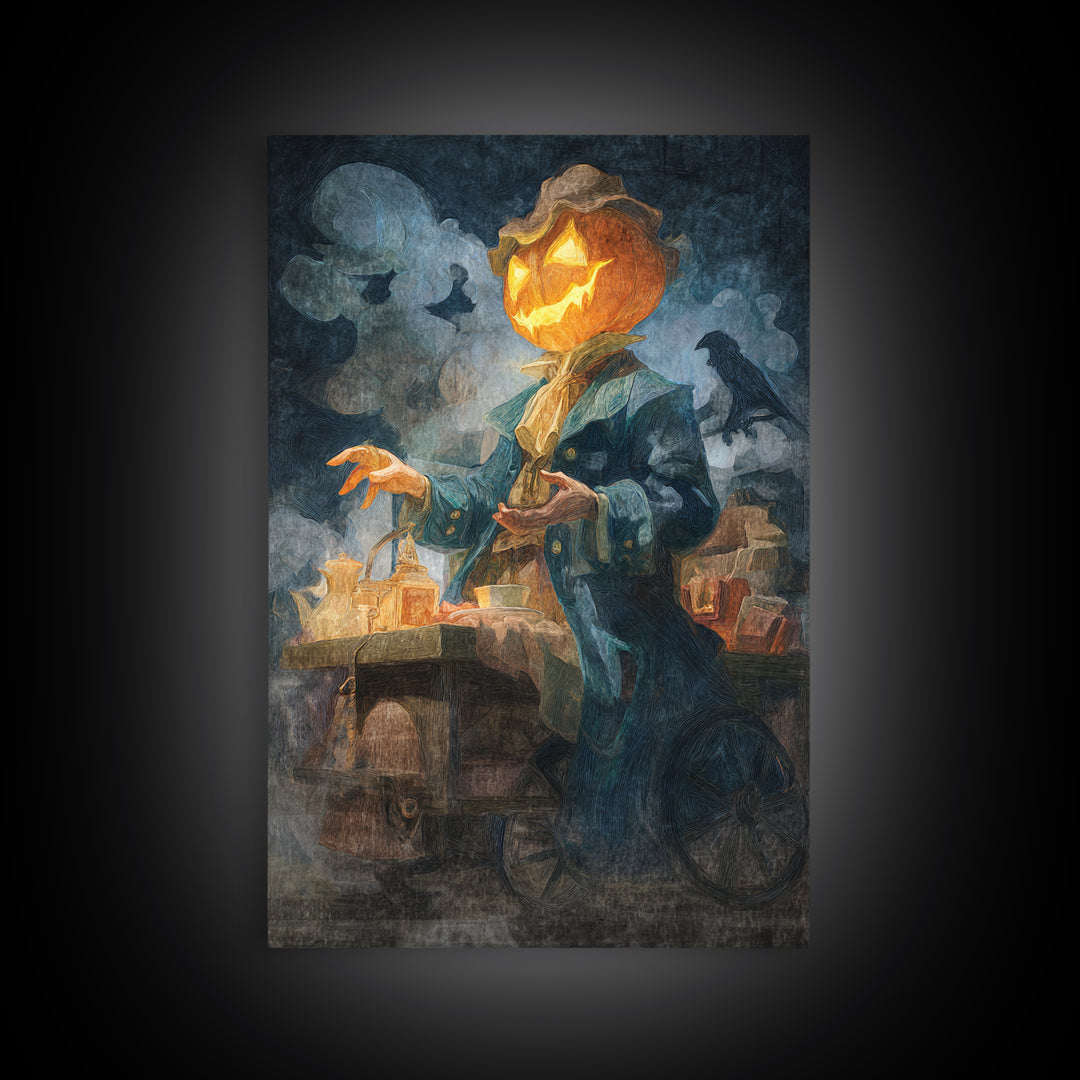 The Pumpkin-Headed Tea Merchant, Expressionist Gothic Art, Vertical Wall Art, Dark Halloween Decor, Canvas Print, Halloween Wall Art