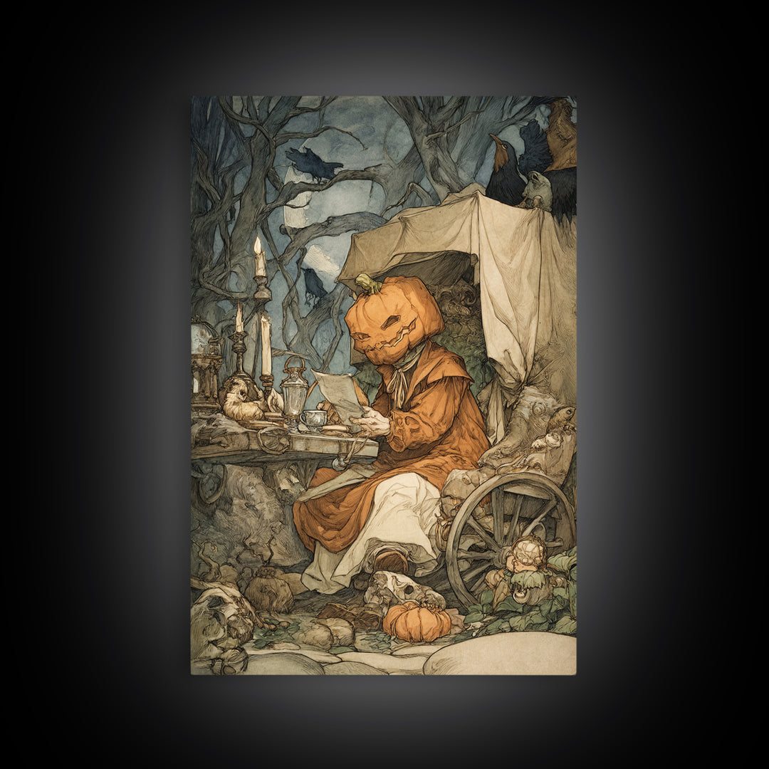 The Pumpkin-Headed Tea Merchant, Gothic Storybook Art, Vertical Wall Art, Dark Fantasy Wall Art, Framed Canvas Print