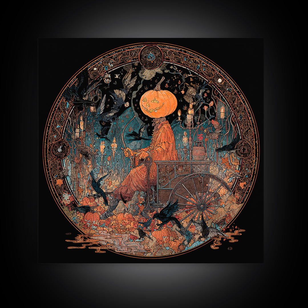 The Pumpkin-Headed Tea Merchant, Stained Glass Gothic Art, Square Wall Art, Macabre Wall Art, Canvas Print, Halloween Wall Art