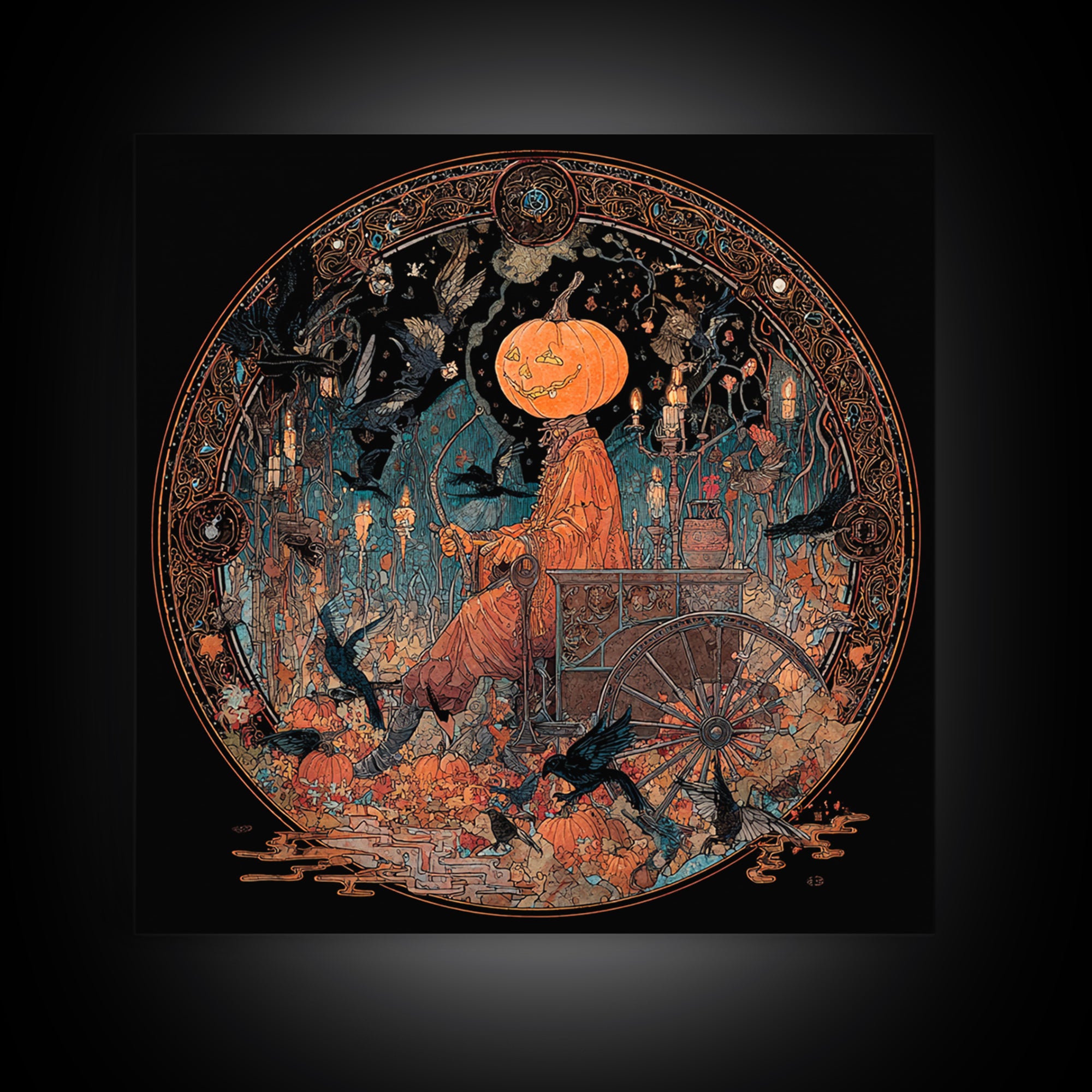 The Pumpkin-Headed Tea Merchant, Stained Glass Gothic Art, Square Wall Art, Macabre Wall Art, Canvas Print, Halloween Wall Art