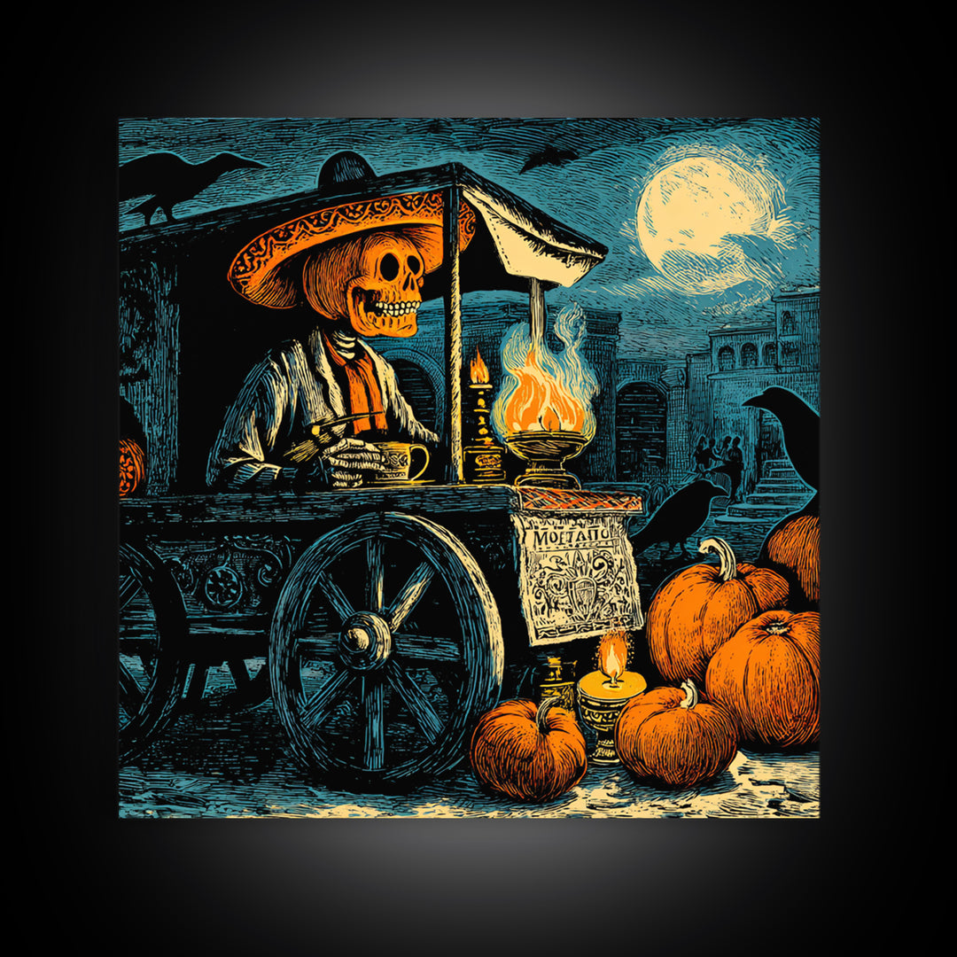 The Pumpkin-Headed Tea Merchant, Macabre Folk Print Art, Square Wall Art, Dark Halloween Decor, Canvas Print, Halloween Wall Art