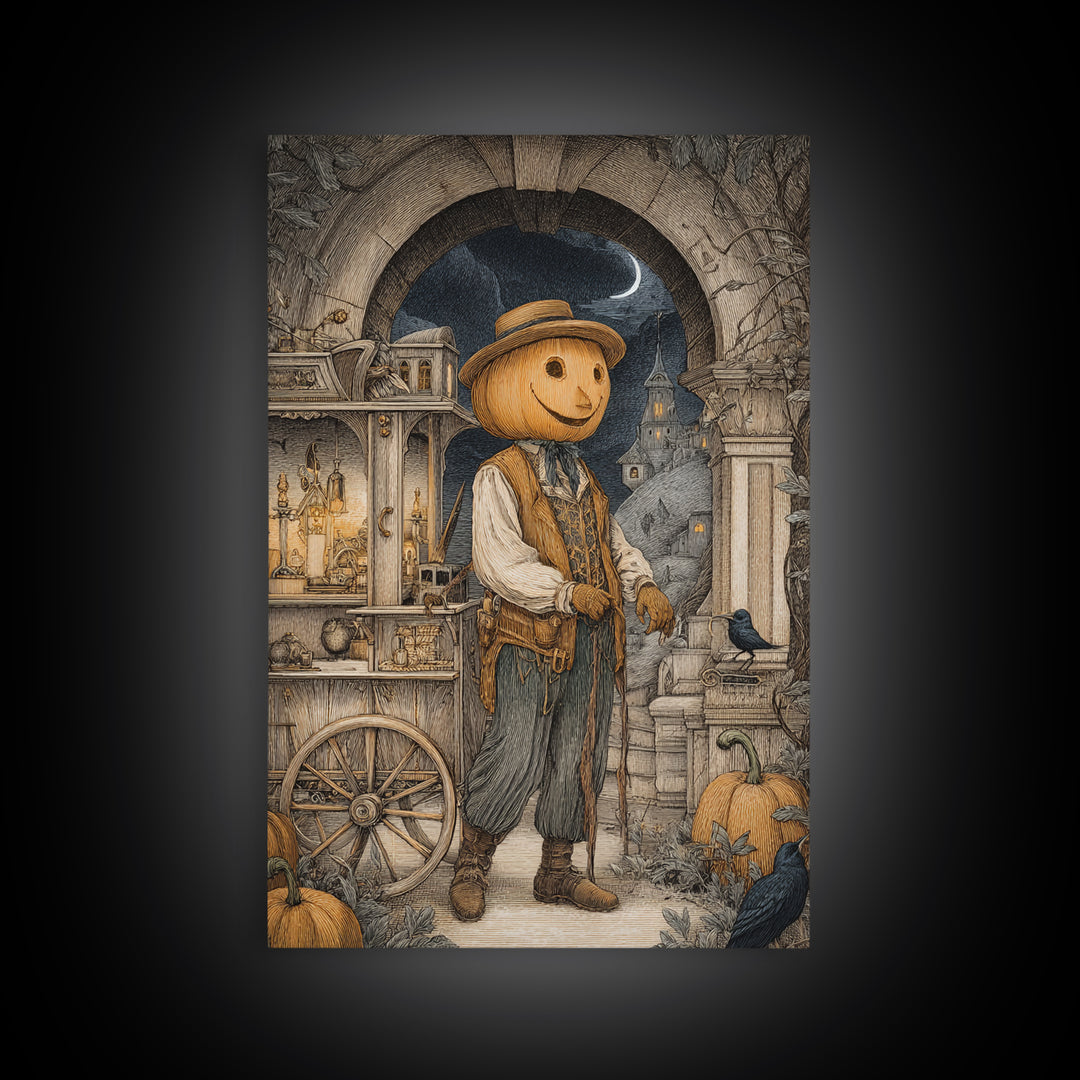 The Pumpkin-Headed Tea Merchant, Victorian Macabre Art, Vertical Wall Art, Macabre Wall Art, Framed Canvas Print, Halloween Wall Art