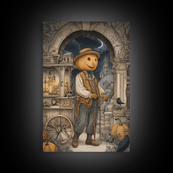The Pumpkin-Headed Tea Merchant, Victorian Macabre Art, Vertical Wall Art, Macabre Wall Art, Framed Canvas Print, Halloween Wall Art
