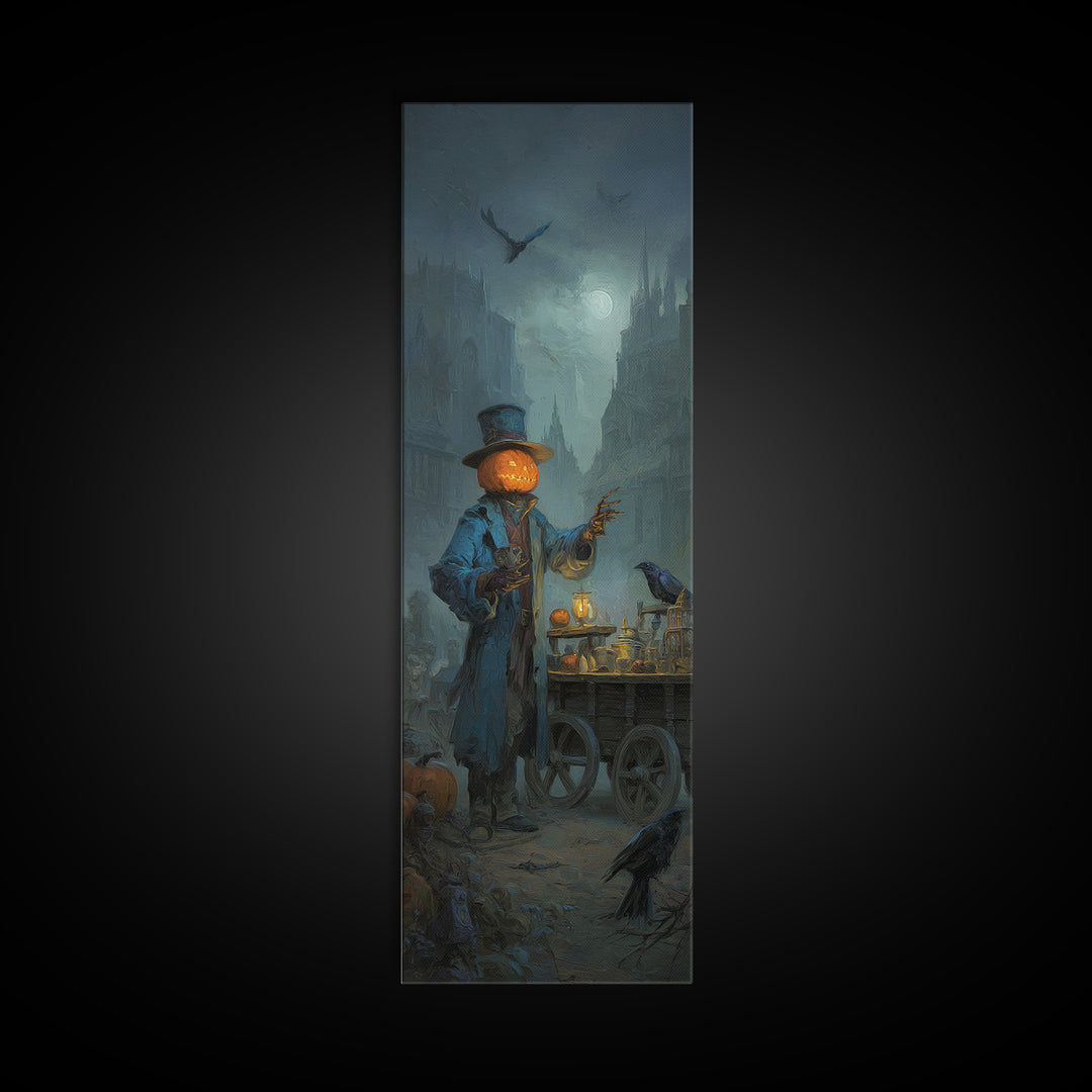 The Pumpkin-Headed Tea Merchant, Surreal Apocalyptic Art, Tall Narrow Wall Art, Gothic Horror Wall Art, Framed Canvas Print