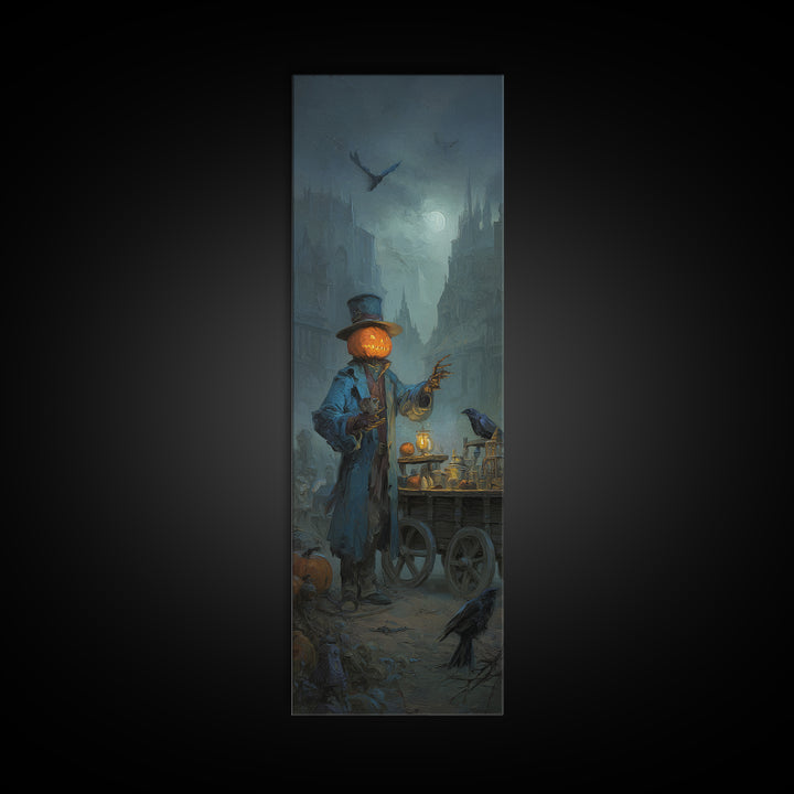 The Pumpkin-Headed Tea Merchant, Surreal Apocalyptic Art, Tall Narrow Wall Art, Gothic Horror Wall Art, Framed Canvas Print