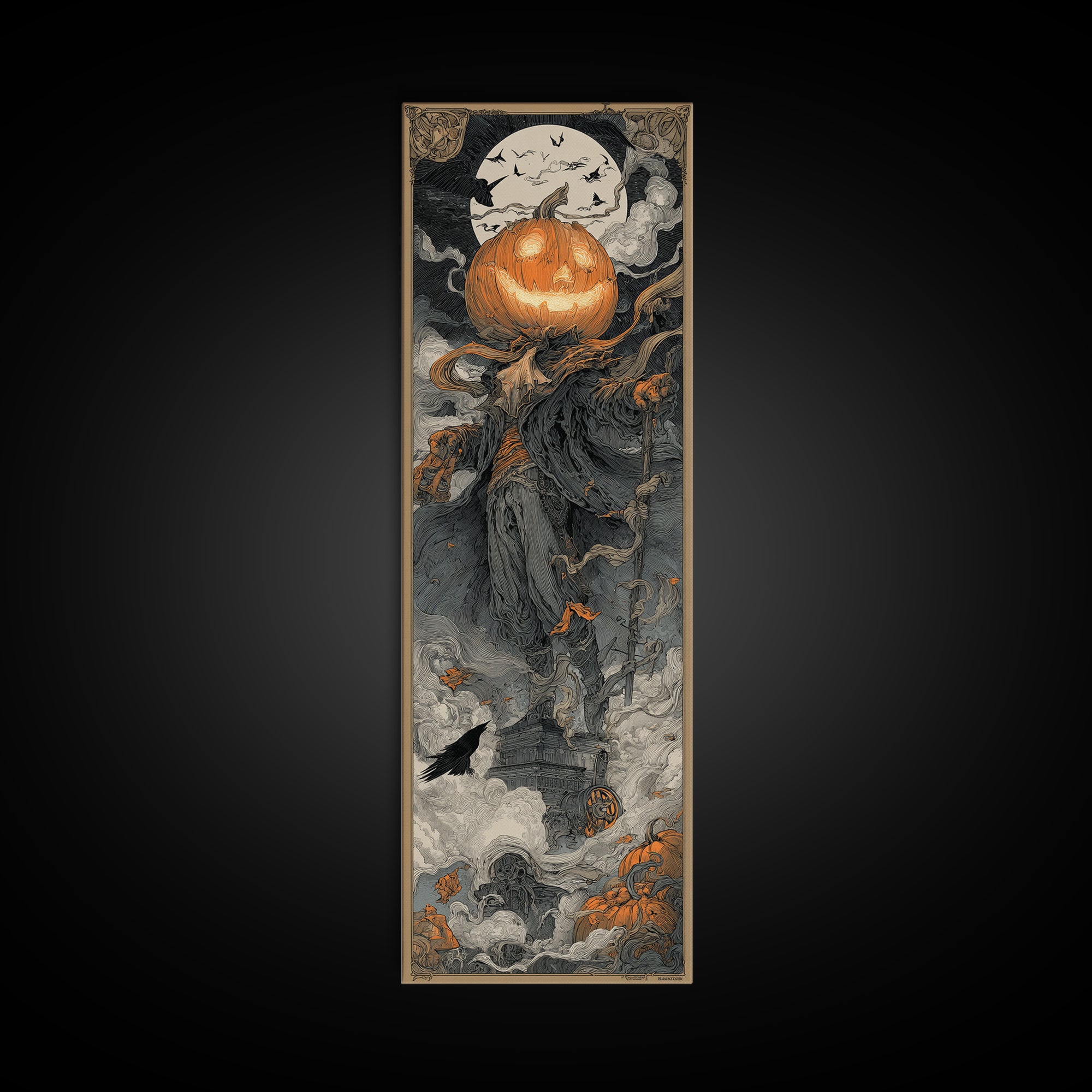 The Pumpkin-Headed Tea Merchant, Biomechanical Horror Art, Tall Narrow Wall Art, Macabre Wall Art, Canvas Print, Halloween Wall Art