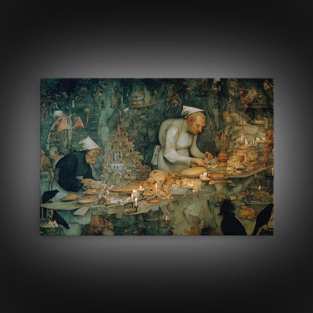 The Ghost Bakery, Medieval Grotesque Art, Landscape Wall Art, Macabre Wall Art, Framed Canvas Print, Halloween Wall Art