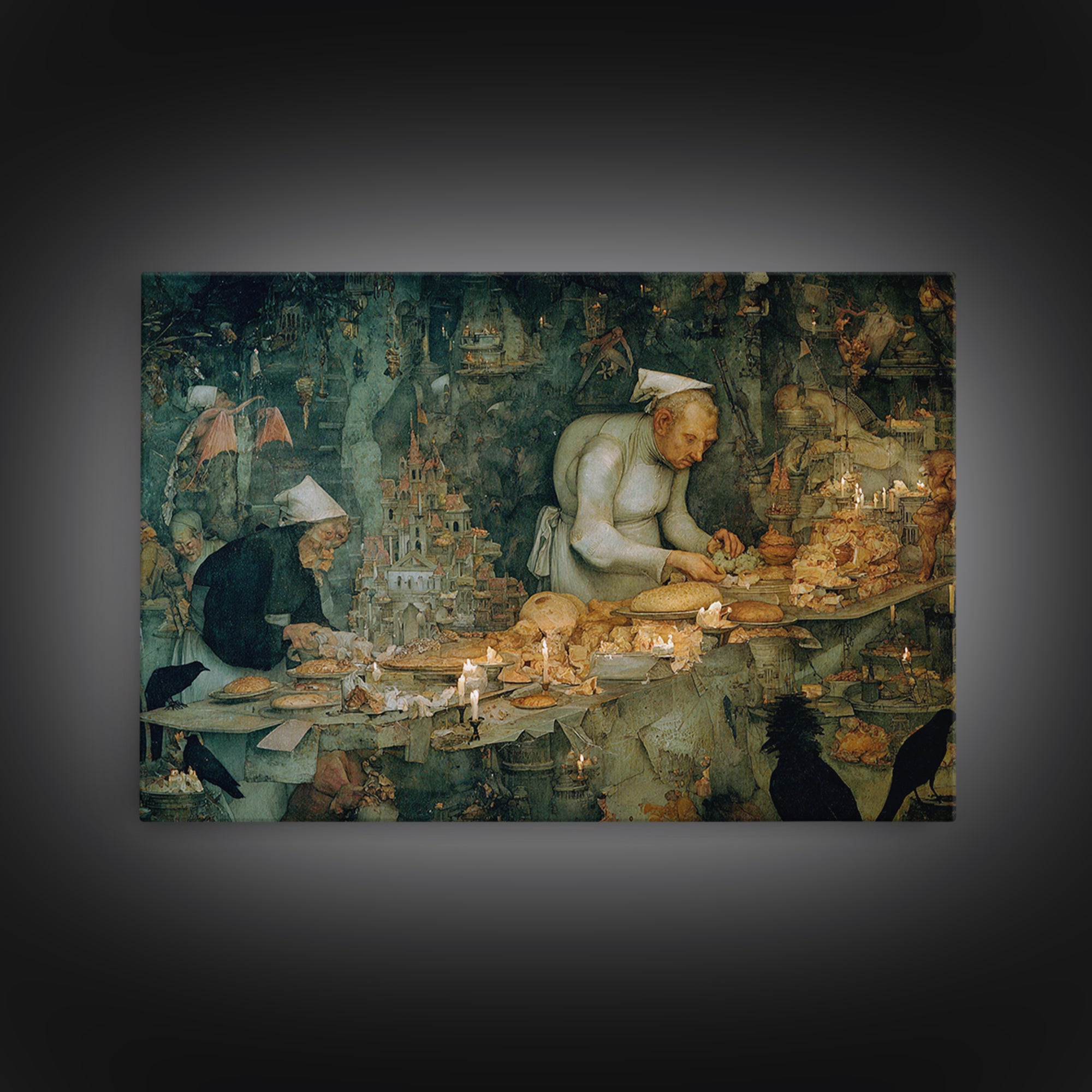 The Ghost Bakery, Medieval Grotesque Art, Landscape Wall Art, Macabre Wall Art, Framed Canvas Print, Halloween Wall Art