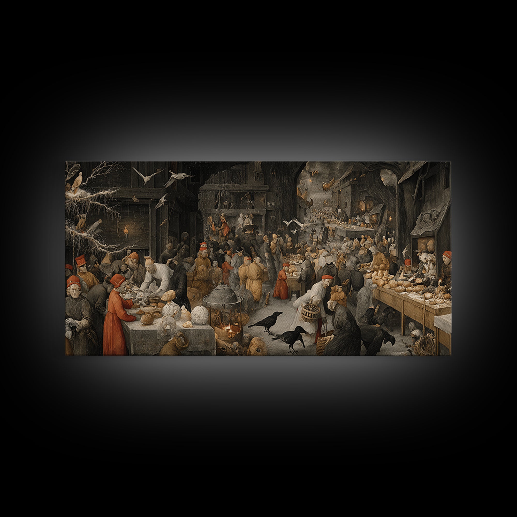 The Ghost Bakery, Northern Renaissance Horror, Wide Panoramic Art, Dark Halloween Decor, Framed Canvas Print, Halloween Wall Art
