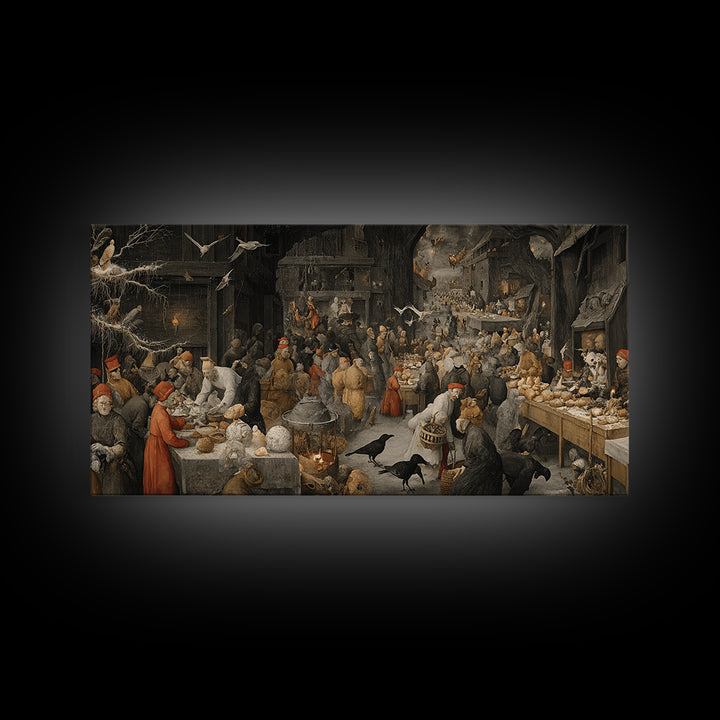 The Ghost Bakery, Northern Renaissance Horror, Wide Panoramic Art, Dark Halloween Decor, Framed Canvas Print, Halloween Wall Art