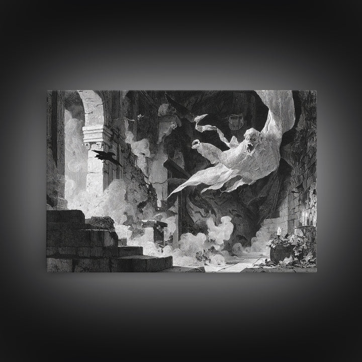 The Ghost Bakery, Architectural Etching Art, Landscape Wall Art, Macabre Wall Art, Framed Canvas Print, Halloween Wall Art